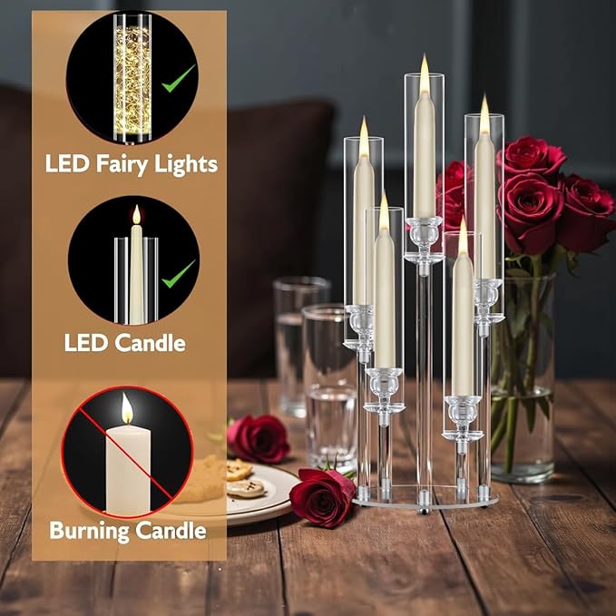 Acrylic Candelabra Centerpieces for Tables,16PCS Clear Candle Holder with Lampshade for Wedding,Halloween,Christmas Party,Fit 0.87 LED Candle candelabros para centros de mesa（22Inches）