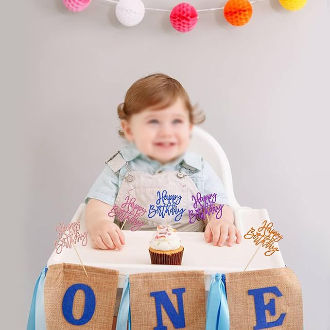 24 PCS Happy Birthday Cupcake Toppers - Multi 6 Colors Glitter Picks for Celebrating Anniversary Theme Party Cake Decorations Supplies