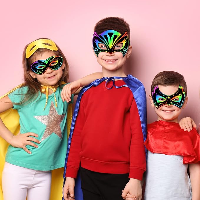 Deekin Mardi Gras Scratch Masks for Kids, Mardi Gras Crafts Rainbow Hero DIY Masks Craft Kit for Dress up Party Favor