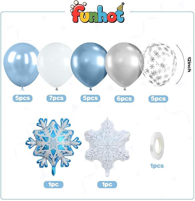 Blue Snowflake Balloons,12 Inch Blue Silver White Clear Balloons with Snowflake and Foil Balloon for Winter Wonderland Holiday Birthday Baby Shower Snow Christmas Party Decorations