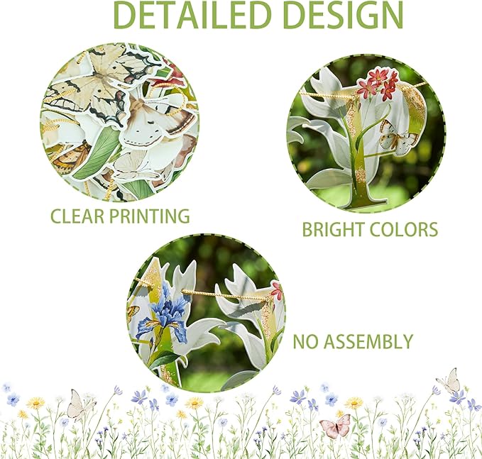 Sunbeauty Wildflower Butterfly Happy Birthday Banner Garden Party Decoration Floral Birthday Decorations for Women Girl Spring Summer Birthday Baby Shower Supplies | Pre-Strung