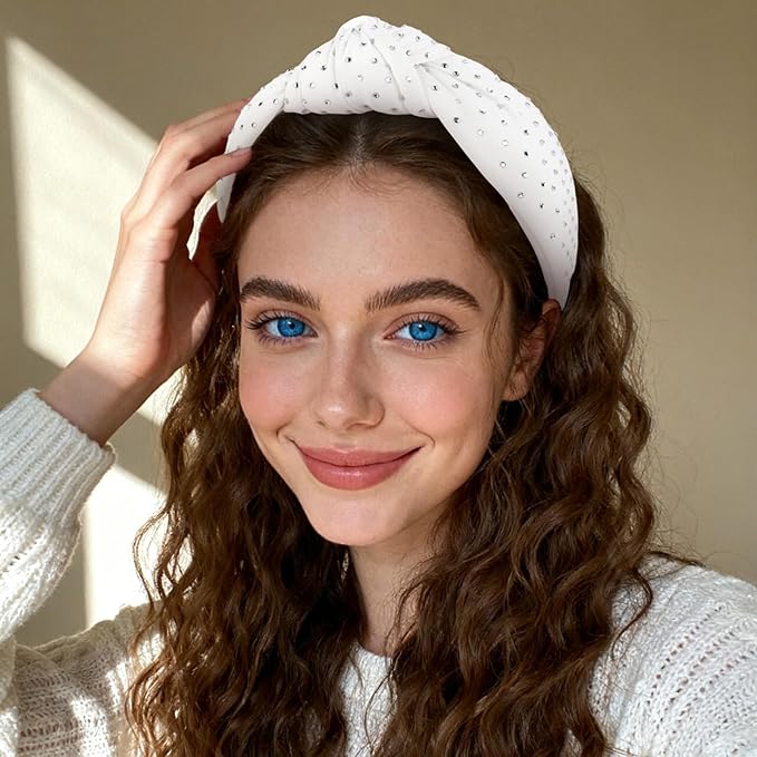 YISSION White Rhinestone Knotted Headband for Women, Sparkly Crystal Embellished Hair Hoop, Elegant Wide Top Knot Hair Accessory for Party, Wedding, Daily Styling