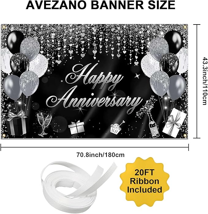 Avezano Happy Anniversary Banner Glitter Happy Anniversary Decorations for Wedding Bridal Shower Party Decorations 70.8 x 43.3 Inch (Black and Silver)