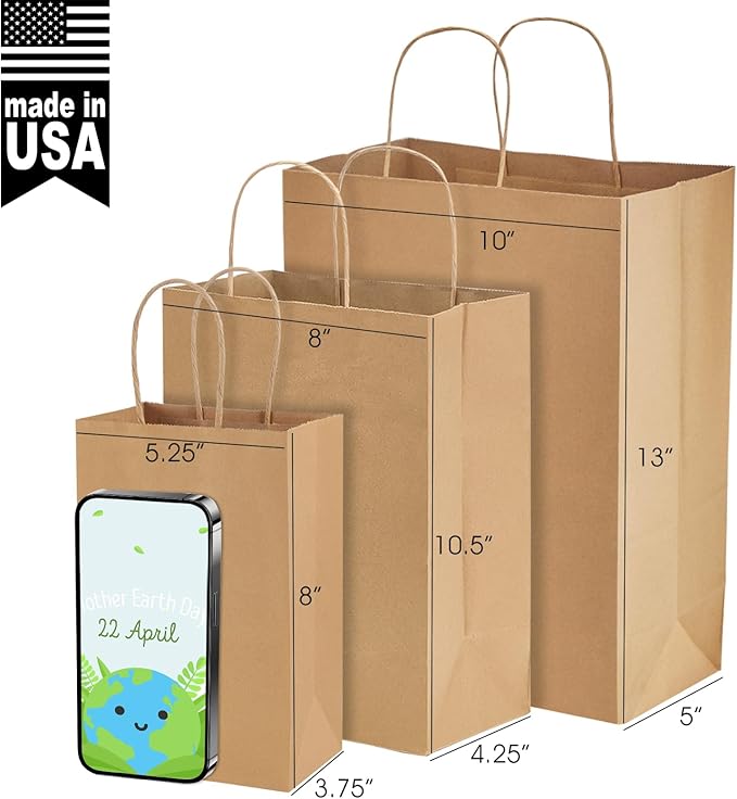 MESHA Gift Bags 10X5X13 Inch 100Pcs, Large Brown Paper Bags with Handles Bulk,Reusable Kraft Shopping Bag for Business Merchandise Retail Birthday Kids Party Favors