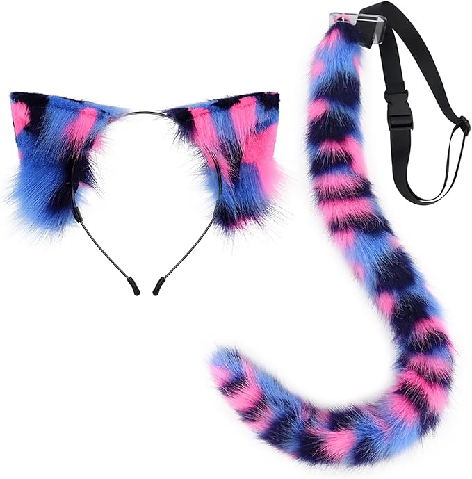 QinRuan Animal Cosplay Costume Accessories Furry Faux Fur Cat Ears Headband and Fox Tail Set Halloween Accessory