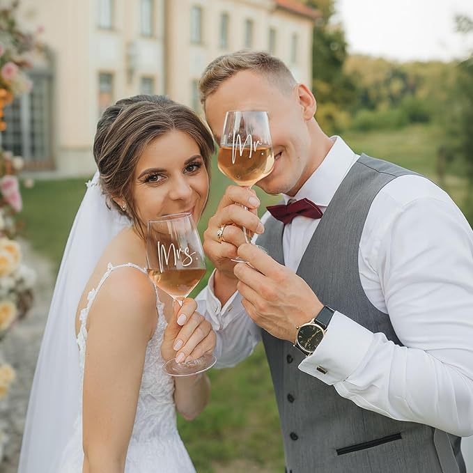 AW BRIDAL Mr and Mrs Wine Glasses Wedding Gifts for Couples 2025, Engagement Gift for Newlyweds, Bridal Shower and Bachelorette Gifts for Bride, Wine Opener Stopper and Engraved Wooden Keepsake Box
