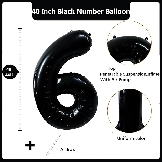 40 inch Black 6 Number Balloon Giant Foil Helium Balloons Black Large Digital Balloon 6 Number 6 Balloons for 6th Birthday Party Decorations Anniversary Events Decoration Supplies