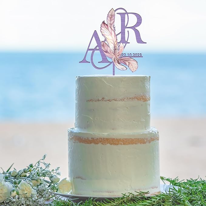 Personalized Boho Wedding Cake Topper in Wood Custom Bride and Groom Initial Cake Topper Wedding Date Cake Decoration (Boho Feather)