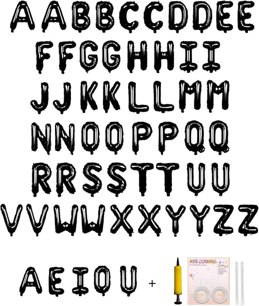 58 PCS Letter Balloons Alphabet Letters 2 Sets A- Z & 1 Sets AEIOU 16 - Inch Mylar Foil Balloons Set for Wedding/Birthdays/Annivs/Grads party Decoration Banner Custom Phrase (black)