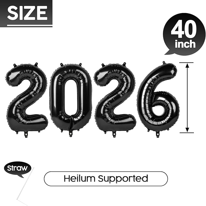 2026 Balloon - Black Birthday Number Balloons, 40 Inch Large Foil Balloons for Men Women Boys Girls Black Themed Birthday Decorations，Number 2026 Balloon