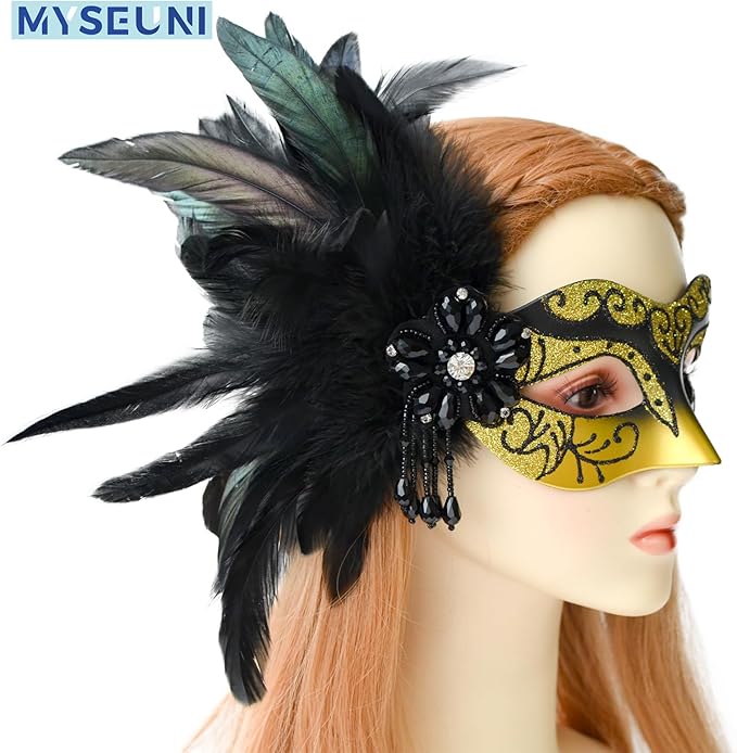 Glod Masquerade Mask for Couples - Women's Mask with Feathers & Venetian Masks for Men - Party, Mardi Gras, Halloween, Cosplay, Prom, Christmas