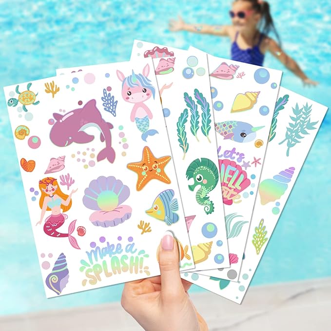Mermaid Temporary Tattoo for Kids Under the Sea-76 Glitter Style Cute Fake Tattoo Dolphin Ocean Animals Waterproof for Girls Boys Body Face Tattoos Stickers Beach Art Birthday Party Favors Decorations