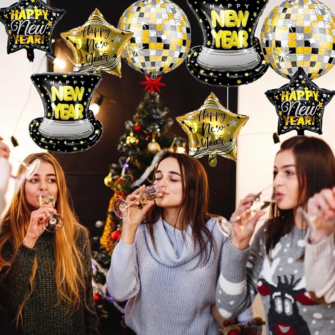 7pcs 22 Inch Happy New Year Balloons, Disco Ball Balloons And Star Foil Balloon For 2026 New Years Eve Party Supplies