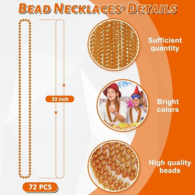 72PCS Mardi Gras Beads, Orange Halloween Beaded Necklace Party Favors, 33" Mardi Gras Bead Necklaces Women Men, Festival Parade Throw Accessories for Mardi Gras Halloween Events Celebrations