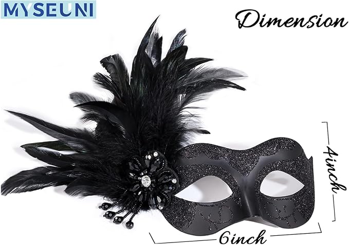 2025 New Black Masquerade Masks for Women with Feathers - Womens Mascarade Venetian Mask for Masquerade Party, Mardi Gras, Halloween Cosplay Prom, Christmas