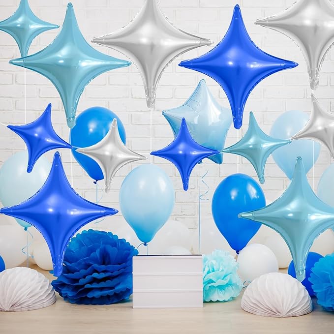 Blue Silver Star Balloons,12Pcs Four Angle Star Foil Balloons,26Inch and 10Inch Blue Silver Quadrangle Helium Balloon for Birthday Anniversary Party Decorations