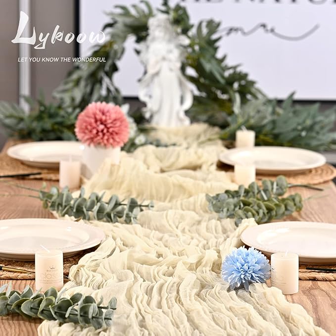 5 Packs 10Ft Ivory Cheesecloth Table Runner, 35" x 120" Rustic Gauze Boho Wedding Table Runner Decorations, Wedding Table Decor Table Cloth for Wedding Party Bridal Shower Table