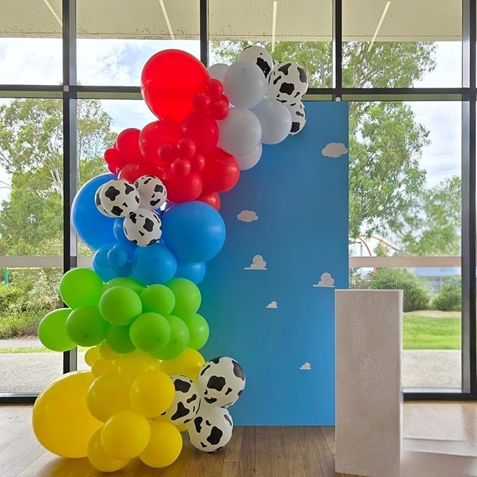 Red Yellow Blue Balloons,12 Inch Cow Print Sky Blue Cloud Balloons and Red Blue Yellow Green Confetti Balloon for Boys GirlsThemed Birthday Party Decorations
