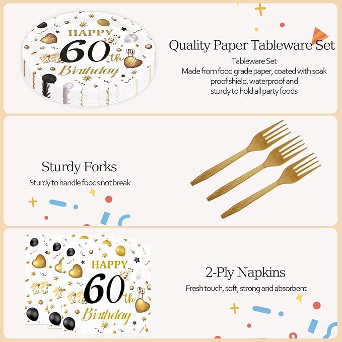 75PCS 60th Birthday Plates and Napkins Party Decorations, 7 Inch White and Gold Happy Birthday Paper Dessert Cake Plates and Napkins Disposable Tableware Set Party Favors for Women Men
