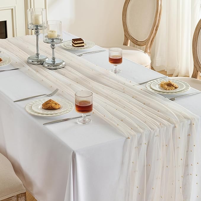Fanami 6 Pack Pearl Table Runner -10FT Champagne Gold Boho Tulle Table Runners 120 Inches Long Rustic Sheer Lace Fabric Centerpieces for Wedding Arch Birthday Party Bridal Veil Baby Shower Decorations