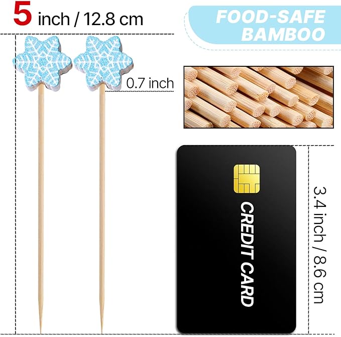 PuTwo Christmas Snowflake Cocktail Picks 4.7 Inch 100pcs Bamboo Fancy Skewers Toothpicks for Appetizers Food Drink Fruit Sandwich BBQ Christmas Party Charcuterie Boards Accessories Party Supplies