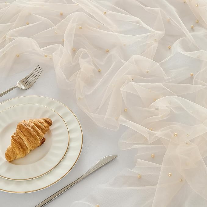 Fanami 3 Pack Pearl Table Runner -10FT Champagne Gold Boho Tulle Table Runners 120 Inches Long Rustic Sheer Lace Fabric Centerpieces for Wedding Arch Birthday Party Bridal Veil Baby Shower Decorations