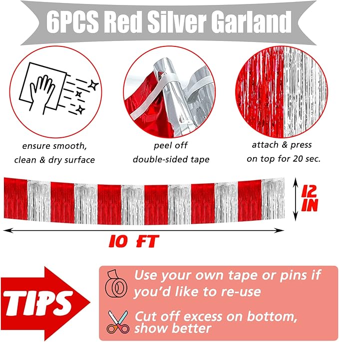 6 Pack 6 Feet Foil Fringe Garland Metallic Tassle Banner Wall Hanging Tinsel Streamers Backdrop for Parade Floats, Bachelorette Wedding Circus Welcome Carnival Birthday Party Decorations(Red Silver)