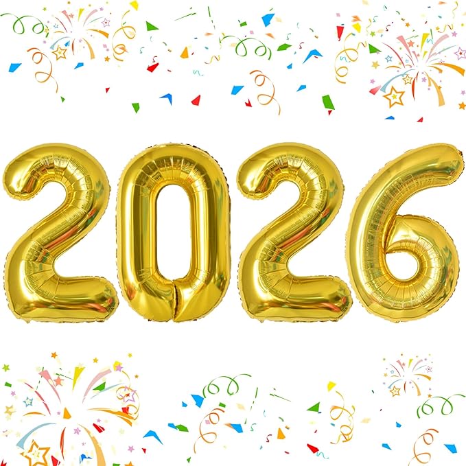 KALOR 42 Inch 2026 Gold Foil Mylar Number Balloons, Giant 2026 New Years Decorations for 2026 Happy New Year Eve and Graduations Party Supplies