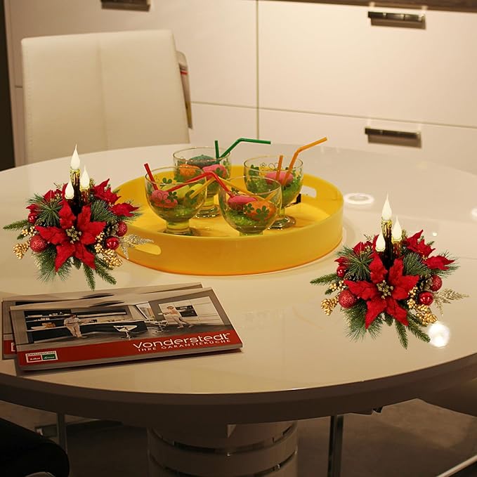 Christmas Decorations,Christmas Floral Arrangement Centerpiece for Table, Golden Flameless Candles Red Poinsettia Flower Golden Pine Cones Berries and Ball Ornaments Holiday Winter Decorations