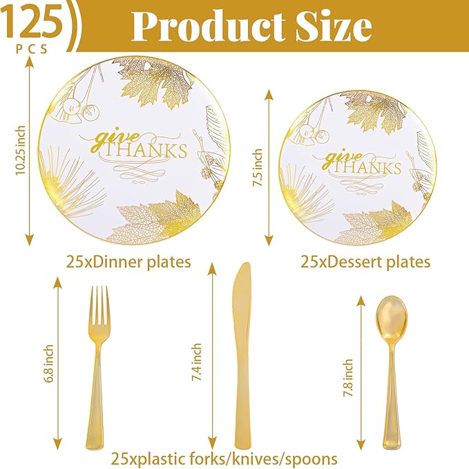 125PCS Thanksgiving Plastic Plates - Gold Disposable Dinnerware Sets - Thanksgiving Maple leaf Plates with Silverware for 25 Guests for Autumn Harvest Party Decor