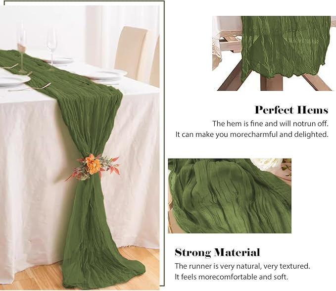 2 Pack 10 Ft Cheesecloth Table Runner Olive Green Gauze Long Table Runners Boho Gauze Cheese Cloth Table Runner Rustic Sheer Runner for Wedding Party Table Decor ( 35 x 120 Inch )
