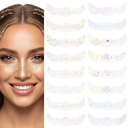 16 Pcs Face Glitter Freckles,Sparkle Freckle Temporary Tattoo.Tattoo Freckles Sparkle for Body and Face,Glow Up Makeup Patches Cosmetic Glitter for Festival Rave Prom