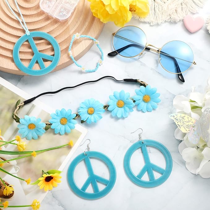 Batiyeer 6 Pcs Hippie Costume Accessories Set, Boho Peace Sign Daisy Flower 60s 70s Party Favors Decor for Groovy Party Women(Light Blue)