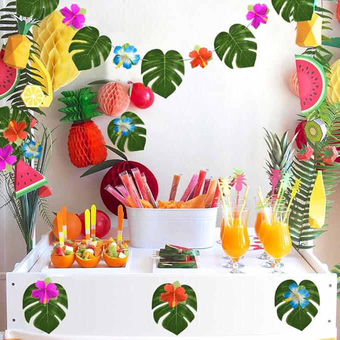 KUUQA 60 Pcs Tropical Party Decoration Supplies 8" Palmtera Hibiscus Leaves and Flowers, Simulation Leaf for Hawaiian Luau Party Jungle Beach Theme Table Decorations