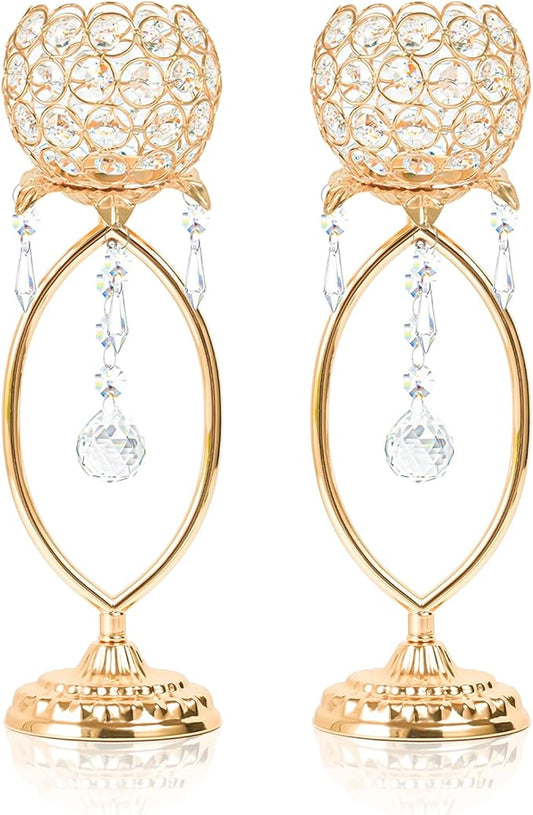 2 Pcs Gold Elegant Metal Crystal Tea Light Candle Holders with Bling Crystal Pendants, Hollow Design - Wedding Table Centerpieces for Anniversary Birthday Party, Home Decor