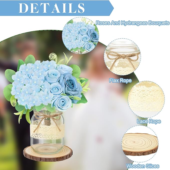 Set 6 Mason Jar Table Centerpiece - Wedding Centerpieces for Tables, Mason Jar Flower Centerpiece Vases Decor- Boho Farmhouse Rustic for Engagement, Bridal Shower, Wedding, Versatile Decor (Blue)