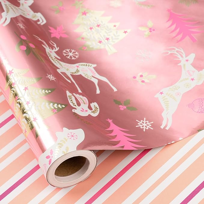 RUSPEPA Christmas Reversible Wrapping Paper Roll for Girls, Mini Roll, Rose Gold Foil Reindeer, Polar Bear, Tree, Floral Design, Pink White Stripes Gift Wrap for Holiday Gifts, 17 Inches x 32.8 Feet