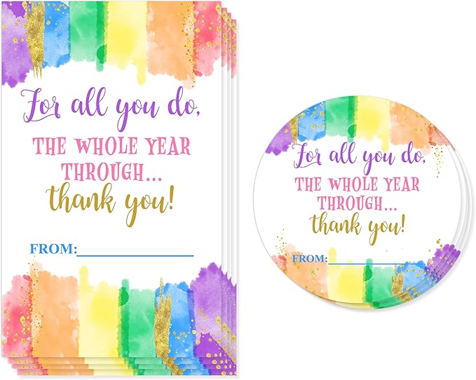 Teacher Appreciation Gift Tags, 40 Pcs Thank You Tags, Colorful Rainbow Stickers for Presents Wrapping Envelope Seals Lables Boxes Cards Party Favor Decorations A01