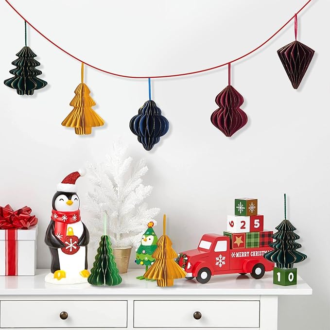 Paper Christmas Tree Ornaments, Red and Green Xmas Party Decorations, 6PCS 3D Mini Glitter Edges Paper Honeycomb Ornaments for Xmas, New Years, Holiday Home Decor