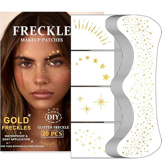 20PCS Glitter Freckles Face Tattoo, Sparkle Freckles for Women and Kids, Cute Star Waterproof Gold Temporary Tattoos Glow Up Makeup Patches (Gold)