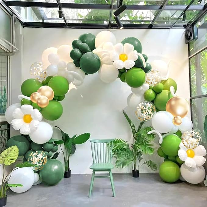 Green White Gold Balloon Garland Arch Kit, 156 Dark Green Metallic Gold White and Neon Green Balloons for Birthday Wedding Anniversary Safari Jungle Baby Shower