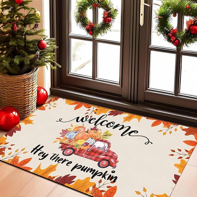 Fall Welcome Maple Leafs Decorative Door Mat, Autumn Thanksgiving Doormat for Indoor Outdoor Entrance Floor Mats,Fall Pumpkins Non Slip Harvest Vintage Decor Rubber Welcome Mats 16" x 24" Inch