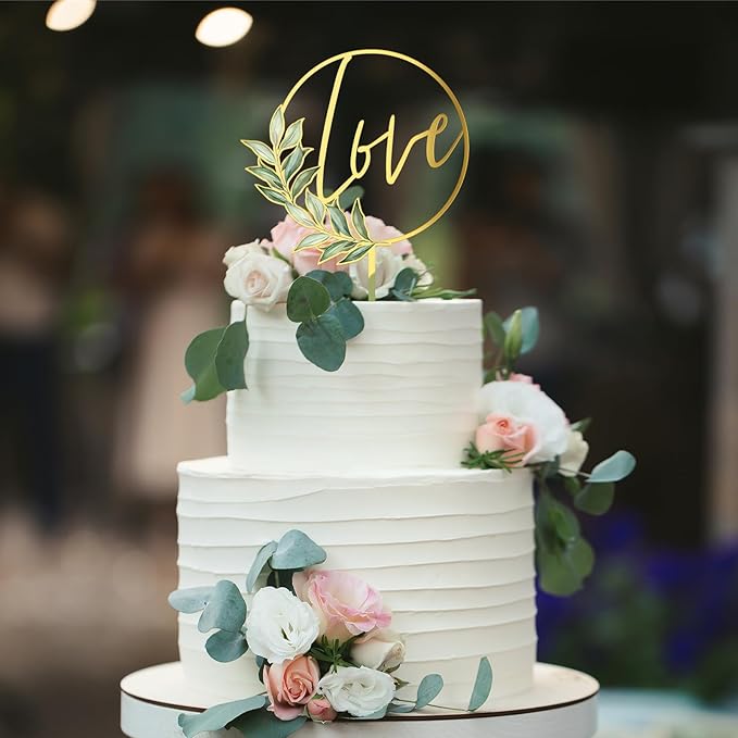 Love Wedding Cake Topper Gold Acrylic Greeny Wedding Engagement Cake Decoration (Design 02)