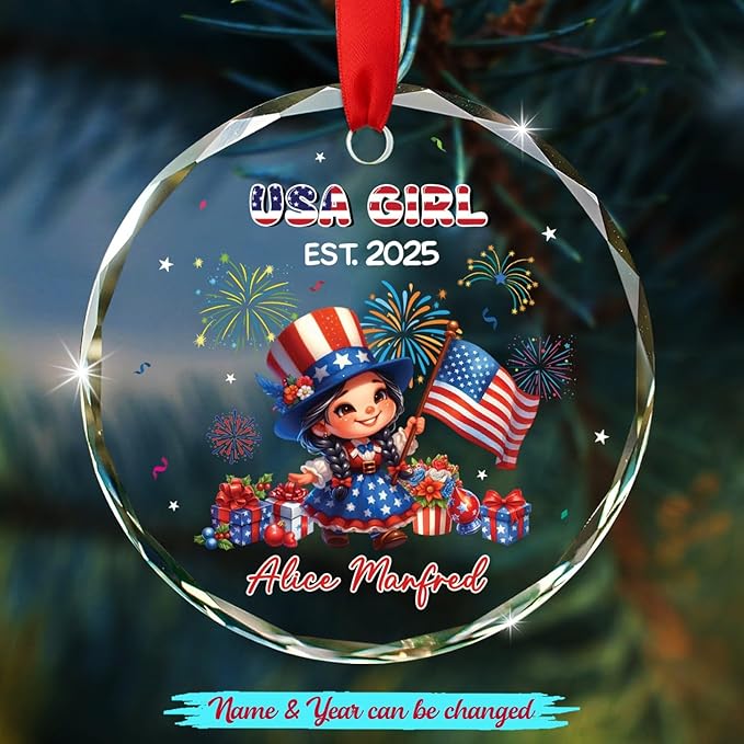 USA Girl Christmas Ornament Gift for Baby Girl Daughter Sister, Personalized Year & Name Keepsake Xmas Ornament Gift for New US Citizen, Customized American Celebrations Glass Decor Xmas Ornaments