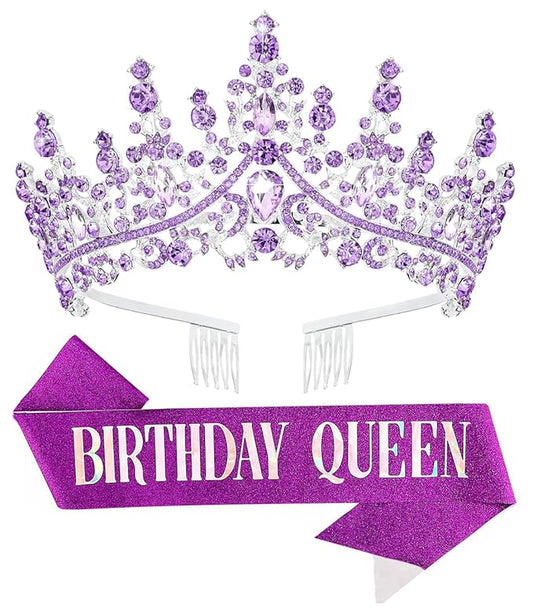 Birthday Tiara Crown with Sash for Women, Headband Hair Accessories for Wedding Party Costume (A-Purple)