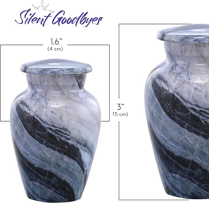 Small Keepsake Cremation Urns for Human Ashes - Marble Finish Metal Keepsake Urn - Mini Cremation Urn for Pet Ashes - Handcrafted Memorial Urn - Funeral Urns with Velvet Bag (Silver Wave)