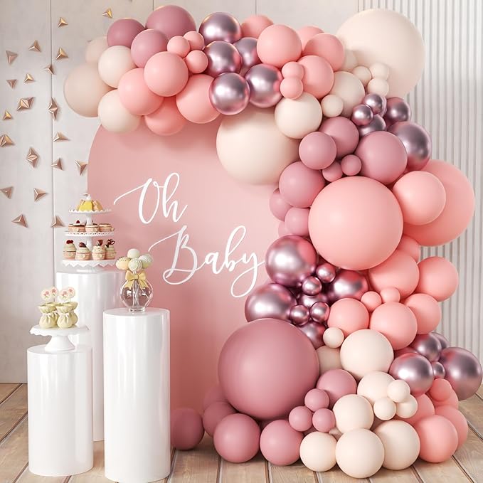 Dusty Pink Balloon Arch Kit, 166Pcs Pastel Nude Light Pink Metallic Balloons Garland for Wedding Bridal Baby Shower Princess Girl Women Birthday Party Decorations