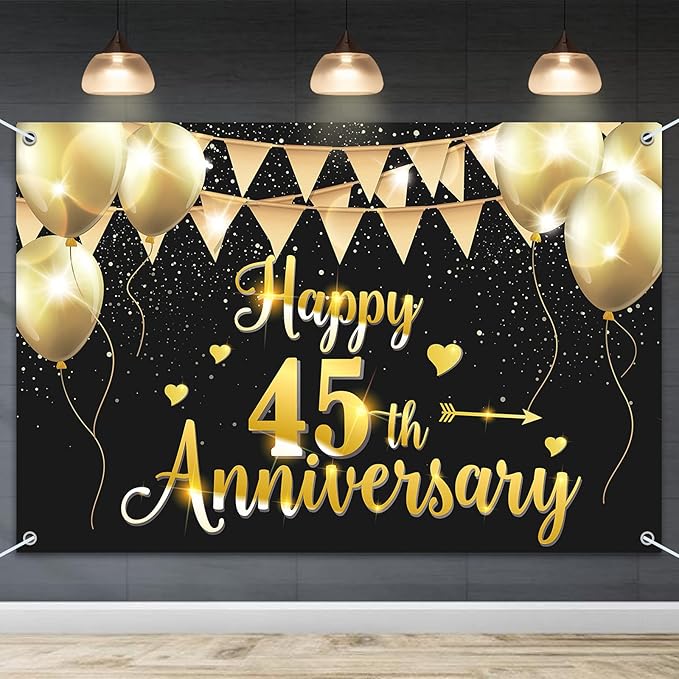 HAMIGAR 6x4ft Happy 45th Anniversary Banner Backdrop - 45 Wedding Anniversary Decorations Party Supplies - Black Gold