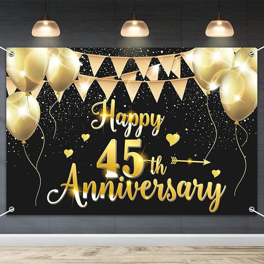 HAMIGAR 6x4ft Happy 45th Anniversary Banner Backdrop - 45 Wedding Anniversary Decorations Party Supplies - Black Gold