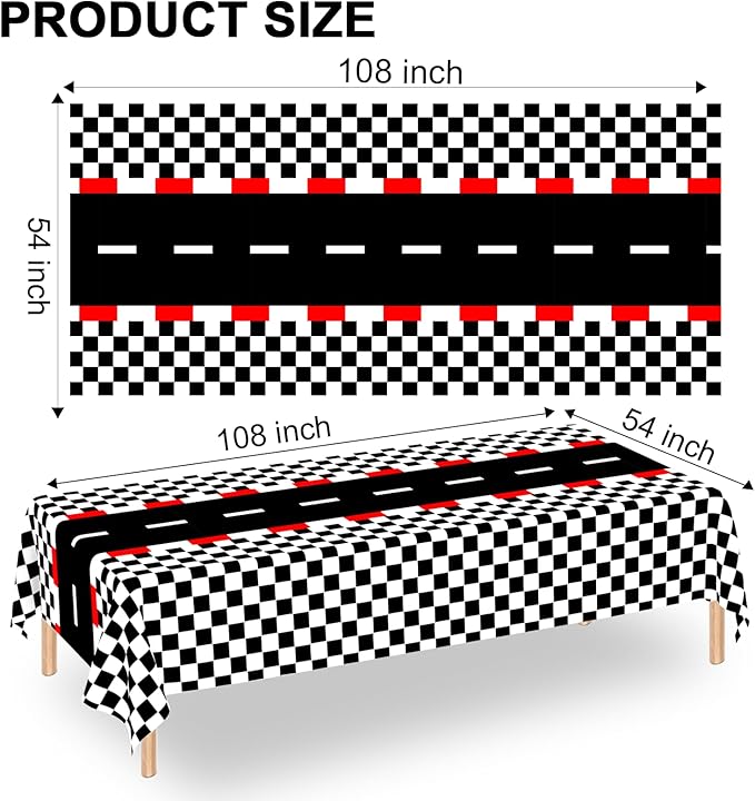 WNINK 2 PCS Racing Car Theme Tablecloths Car Disposable Plastic Tablecloths Black Checkered Flag Table Covers Racetrack Rectangular Tablecloth for Race Car Birthday Party Decorations, 54 x 108 Inch